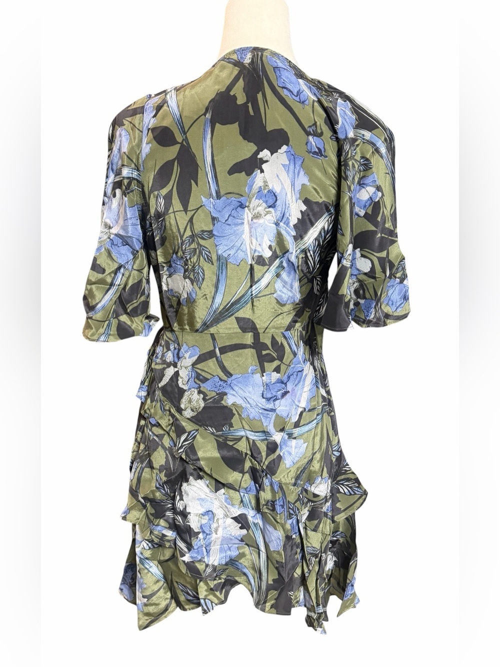 AllSaints Olive and Blue Floral High-Low Wrap Dress 100% Viscose - Picture 4 of 10